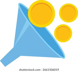 Concepto de filtrado de dinero. El filtrado de embudo genera ingresos, ideal para marketing, estrategia, crecimiento, finanzas y análisis de negocios. Ilustración vectorial de embudo con monedas de oro.

