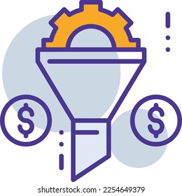 Money Filtration business management icon with purple and orange duotone style. Glyph, analysis, watch, cone, vision, tunnel, arrow. Vector illustration