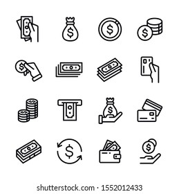 Recopilación de iconos de esquema bancario, financiero y monetario. Los iconos de la línea de dinero definen la ilustración vectorial. Bolsa de dinero, monedas, tarjeta de crédito, cartera y más