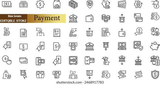 Money, finance, banking outline icons collection.