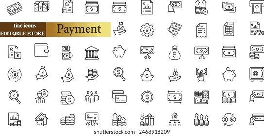 Money, finance, banking outline icons collection.