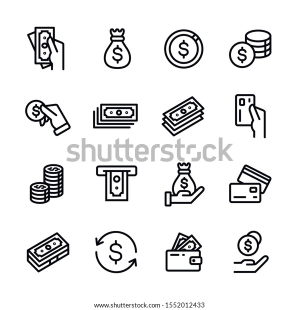 Money, finance, banking outline icons collection.\
Money line icons set vector illustration. Money bag, coins, credit\
card, wallet and more