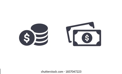 Money, finance, business icons set isolated. Dollar paper banknote, coins. Flat style vector illustration. Line art. Signs and symbols. Modern simple style. Phone, start up, coin, wallet.