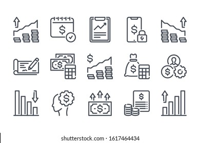 Money, Finance and Business investment related line icon set.  Payment and accounting report calculation linear icons. Investment and trading on the stock exchange outline vector sign collection.