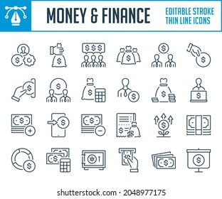 Money, Finance and Business thin line icons. Money transfer, Payment and Savings outline icon set. Editable stroke icons.