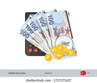 Money and finance. Calculator with 100 Turkish Lira banknotes and gold coins. Flat style vector illustration.