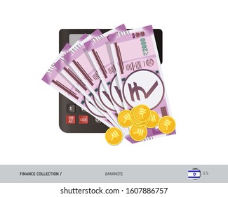 Money and finance. Calculator with 2000 Indian Rupee banknotes and gold coins . Flat style vector illustration.