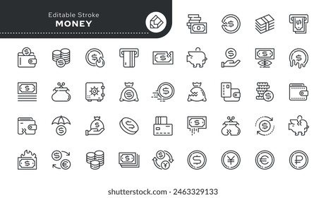 Money, finance, coin,currency and banknote. Set of line icons in linear style. Outline icon collection. Conceptual pictogram	
