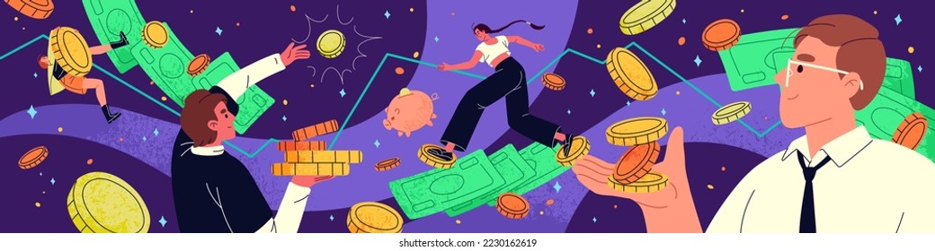 Money and finance concept. Business people with cash in economy. Rich characters investing gold, dollars. Budget and wealth. Financial literacy, prosperity, investment. Flat vector illustration - Shutterstock ID 2230162619