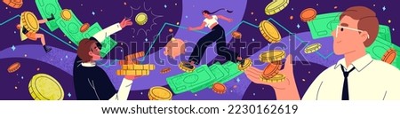 Money and finance concept. Business people with cash in economy. Rich characters investing gold, dollars. Budget and wealth. Financial literacy, prosperity, investment. Flat vector illustration