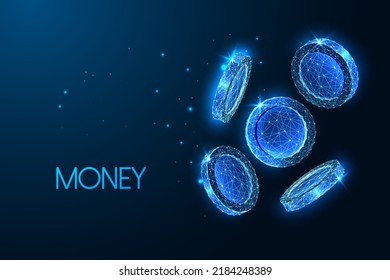 Money, finance concept with falling shiny coins in futuristic glowing low polygonal style on blue 