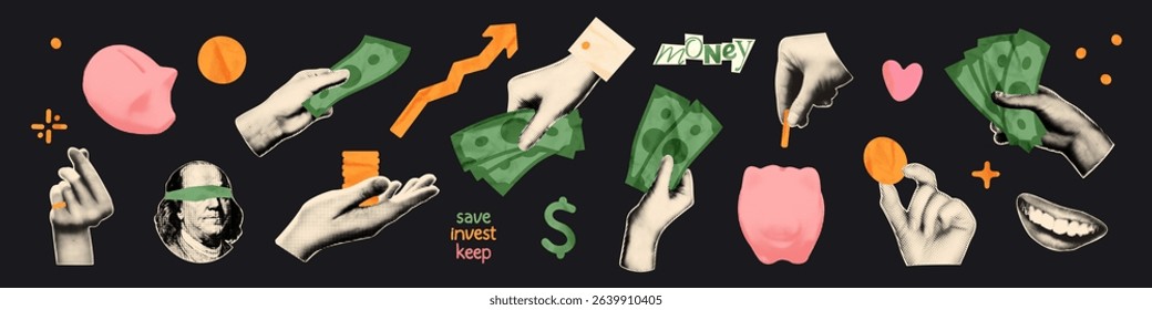 Money and finance concept trendy halftone art collage cut outs set. Hands holding dollar bills, golden coins, piggy bank, rising arrow, cash. Modern retro vector illustration for mixed media design