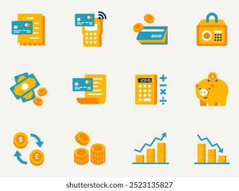 dinheiro conceito financeiro vetor 2d ícone e símbolo conjunto, moeda, banco, crédito, cartão de débito, moeda