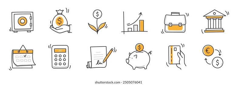 Money finance doodle hand drawn icon set. Finance business, money, bank sketch drawn cute trendy doodle icon. Business bank sketchy calculator, increase economic goal elements. Vector illustration