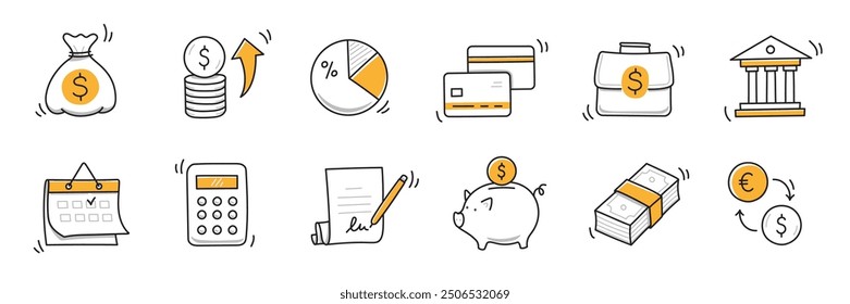 Geld Finanzierung doodle handgezeichnete Icon-Set. Finanzen Geschäft, Geld, Bank Skizze gezeichnet niedlichen trendigen doodle Symbol. Geschäftsbank skizzenhafte Rechner, erhöhen wirtschaftliche Zielelemente. Vektorgrafik