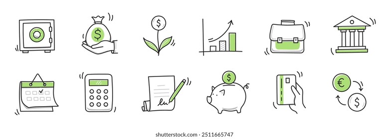 Doodle de financiación de dinero dibujado a mano conjunto de iconos. Negocio de finanzas, dinero, boceto bancario dibujado lindo icono de moda doodle. Calculadora incompleta del banco del negocio, aumente los Elementos de la meta económica. Ilustración vectorial