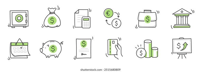 Geld Finanzierung doodle handgezeichnete Icon-Set. Finanzen Geschäft, Geld, Bank Skizze gezeichnet niedlichen trendigen doodle Symbol. Geschäftsbank skizzenhafte Rechner, erhöhen wirtschaftliche Zielelemente. Vektorgrafik