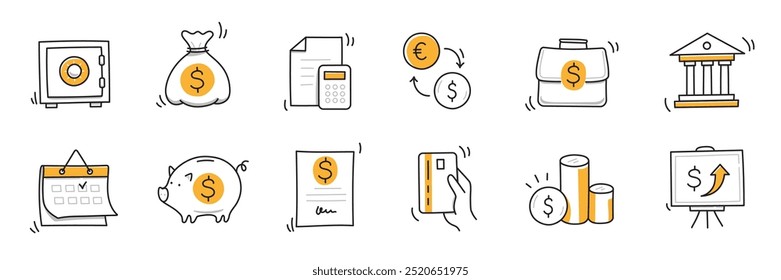 Geld Finanzierung doodle handgezeichnete Icon-Set. Finanzen Geschäft, Geld, Bank Skizze gezeichnet niedlichen trendigen doodle Symbol. Geschäftsbank skizzenhafte Rechner, erhöhen wirtschaftliche Zielelemente. Vektorgrafik