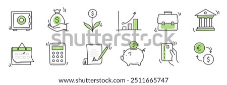 Money finance doodle hand drawn icon set. Finance business, money, bank sketch drawn cute trendy doodle icon. Business bank sketchy calculator, increase economic goal elements. Vector illustration