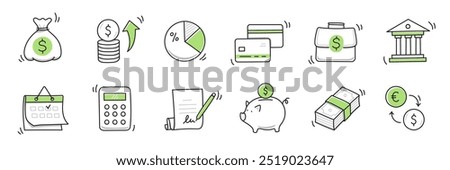 Money finance doodle hand drawn icon set. Finance business, money, bank sketch drawn cute trendy doodle icon. Business bank sketchy calculator, increase economic goal elements. Vector illustration