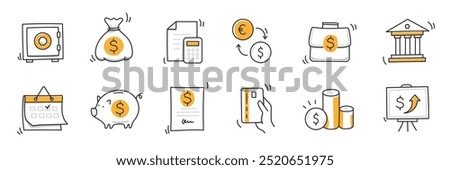 Money finance doodle hand drawn icon set. Finance business, money, bank sketch drawn cute trendy doodle icon. Business bank sketchy calculator, increase economic goal elements. Vector illustration