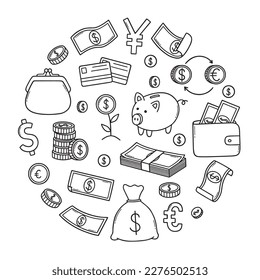 Juego de doodles de dinero y finanzas. Billetes en dólares, monedas, bolsos de dinero en forma de boceto. Elementos relacionados con la banca. Ilustración vectorial aislada en fondo blanco.