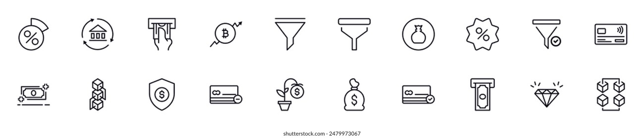 Money, finance, economy linear symbols bundle. Vector collection for web sites, newspapers, apps, infographics