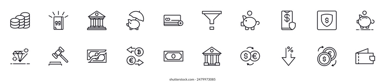 Money, finance, economy outline icons bundle. Editable stroke. Simple linear illustration for web sites, newspapers, articles book