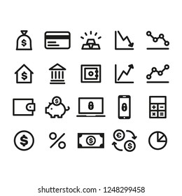 Money and finance icon collection, linear vector symbols.