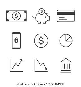 Money and finance icon collection, linear vector symbols.