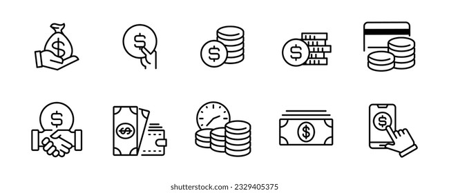 money finance icon set coin stack and billfold vector illustration earning, investment, tax outline symbol template for web and app