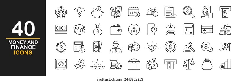 Money and finance icon set. Contains such icons as wallet, atm, bundle of money, cash, saving, financial goal, profit, budget, hand with a coin and more. Vector illustration