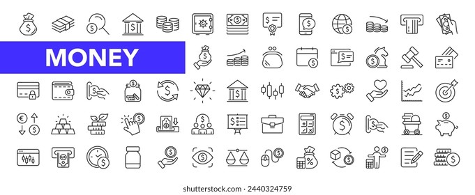 Money and finance icon set with editable stroke. Payment and money thin line icon collection. Vector illustration