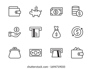 Money, finance icon set. Line style design. Vector graphic illustration. Suitable for website design, logo, app, template, and ui. Simple icon. Editable vector stroke.