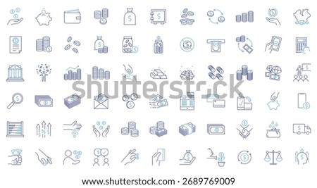 Money and finance icon set. Thin line editable stroke icons for savings, investment, payment, banking, accounting, currency, profit, business growth, cash flow, and financial management.
