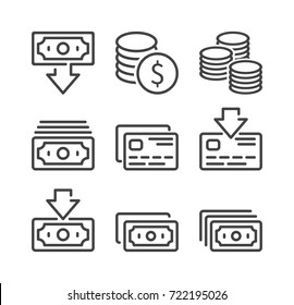 Money and Finance icon set, vector symbol in line style isolated on white background. Contains such Icons as bank card, account replenishment, cash withdrawal and more.