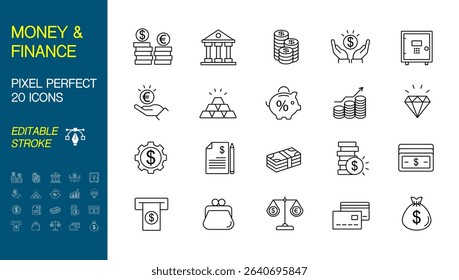 Money and Finance Icons - Line Series. Money and Finance line icons. Vector illustration eps 10. Pixel Perfect, Editable Stroke