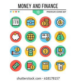 Money and finance icons. Modern thin line icons set. Premium quality. Outline symbols, graphic elements, concepts, flat line icons for web design, mobile apps, ui, infographics. Vector illustration