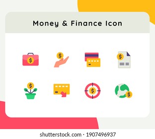 money and finance icons set collection collections package white isolated background with color flat style