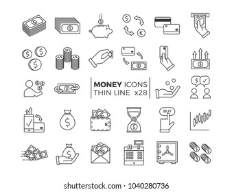 Money and Finance icons. Vector thin line pictograms of different economy subjects - savings, salary, payments, transactions.