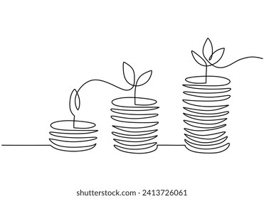 Money finance investment concept. Stack of coins growing plant. Continuous one line drawing.