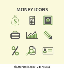 money, finance, investment icons, signs, illustration isolated on background set, vector