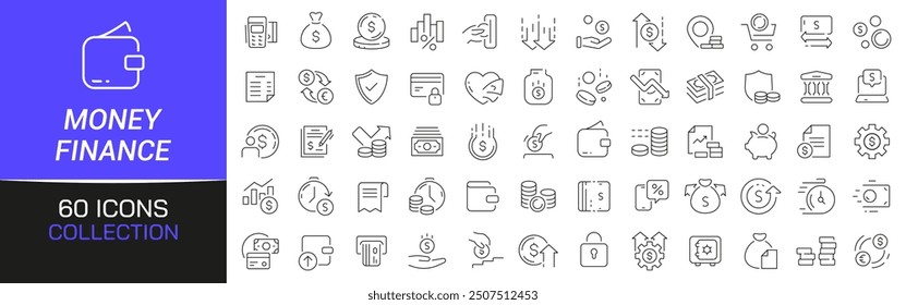 Money and finance line icons collection. Thin outline icons pack. UI icon collection. Set of line web pictogram