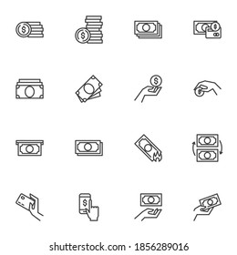 Money and finance line icons set, outline vector symbol collection, linear style pictogram pack. Signs logo illustration. Set includes icons as dollar money currency, stacked coins, exchange, pay, buy