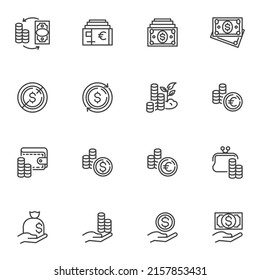 Money and finance line icons set, outline vector symbol collection, linear style pictogram pack. Signs, logo illustration. Set includes icons as cash money bag, dolar bill, money wallet, exchange