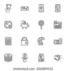 Money and finance line icons set, outline vector symbol collection, linear style pictogram pack. Signs, logo illustration. Set includes icons as business agreement, dollar money exchange, bank check