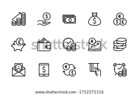 Money and finance linear set of vector icons. Contains linear icons such as cash, wallet, coins, piggy bank, credit card, bank, money, banknotes and much more. Simple vector character set.