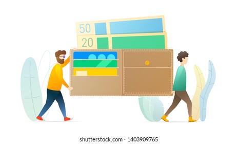 Money, finance management flat vector illustration. Two men carrying big wallet cartoon characters. Cash, credit cards. Banking, financial literacy, wealth concept. Earn, spend money.