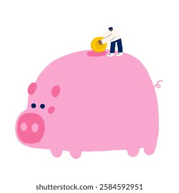 Money, finance, payment sign, icon, composition. Cute hand drawn doodle market, earning, deposit, currency, payment illustration with piggy bank, coin, man. Financial business background