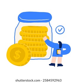 Money, finance, payment sign, icon, composition. Cute hand drawn doodle market, earning, deposit, currency illustration with jar with coins, woman, expert, consultant. Financial business background